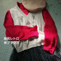 匿名 赤ブラウス 昭和レトロ シボブラウス 個性的