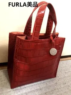 FURLA クロコ型押し ハンドバッグ フルラ レッド