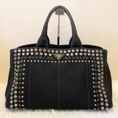 極美品⭐️プラダ カナパL ビジュー 三角プレート トートバッグ ブラック 黒
