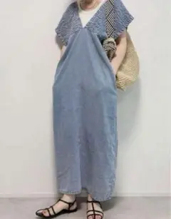新品　デニムシャーリングワンピース　L サックス　ブルー　カスタネ風　しまむら