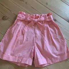 女の子150 ハーフパンツ　リボン　ピンク　刺繍　ハイウエストベルト