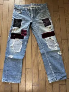 ナンバーナイン　ダメージ加工ベルベットパッチデニムパンツ　サイズM