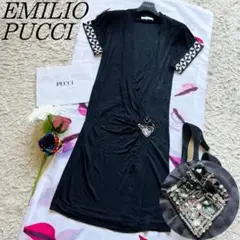 【美品】EMILIO PUCCIビジュー付きカシュクールワンピース プッチ柄38