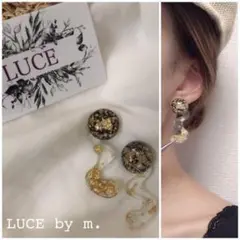 109 ぷっくり ドーム ウェーブ クリア プレート金箔 パール ピアス