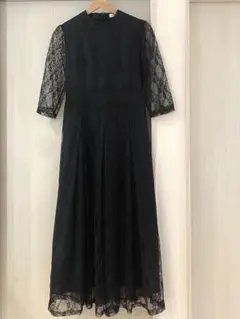 LACE LADIES 七分袖マキシ丈レースワンピース ブラック　オケージョン