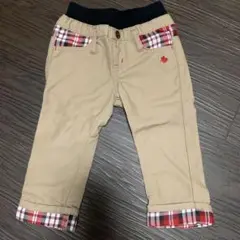 チェック柄折り返し付きベージュ長ズボン
