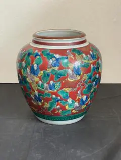 3-2030 九谷焼　木米作　色絵 角福 花瓶 壺 大型 飾り壺 九谷焼壺、花瓶 角福印