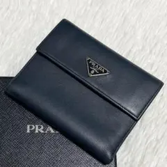 極美品✨PRADA プラダ 折り財布 サフィアーノレザー 三角ロゴ ネイビー