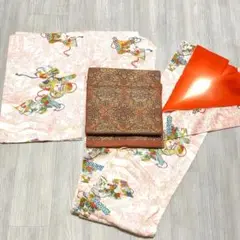 【A17】着物 小紋 袷 白 オレンジ 単品 初心者・着付練習やアレンジに