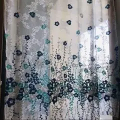 花柄刺繍レースカーテン 青緑