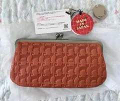 猫模様 長財布　レザー がま口　オレンジ朱色 Made in Japan サライ
