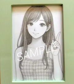 チェック柄トップス 微笑む女性 鉛筆画風 おしゃれアート作品No.62