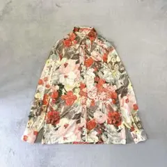 美品✨80s 長袖シャツ 花柄 とろみ 光沢 サイズ13/14