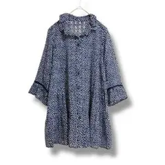 美品 フリルティアードブラウス ネイビー ドット柄 七分袖 シャツ 綿 コットン