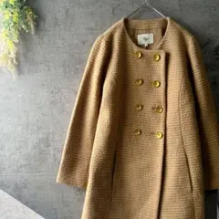 ハリス　ノーカラーコート　ミディ丈　ダブルブレスト　ウール　綺麗め　フェルト生地