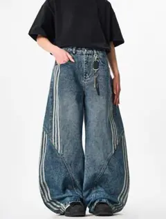ストライプデザイン ワイドデニムパンツ
