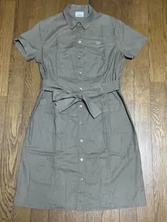 ラコステ紐ベルト付き刺繍ワニ半袖シャツ ワンピース緑クロコダイル鰐クロコ灰ワンピ