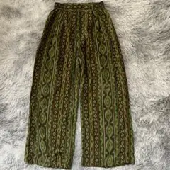 美品✨【yuya】ワイドパンツ グリーン系ストライプ レトロ柄 M-L相当 ゴム