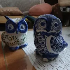 フクロウの置物セット（青白・緑）貯金箱