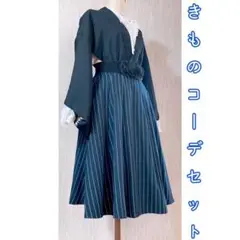 展示品　◇和洋 きものコーデ◇  セット売り　ブラックストライプ　ベルト付き