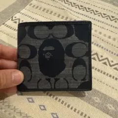 値下げ中★BAPE COACH ★折り財布　ネイビー★ レザー