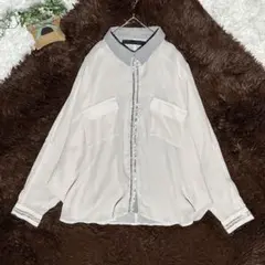【フリー】バイカラー長袖シアーシャツ ポケット付き ラメライン ゆったり上品
