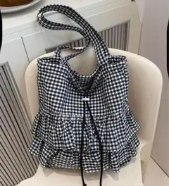 ⭐ 【値下げ】ギンガムチェック　トートバッグ　フリル　黒　マザーズバッグ