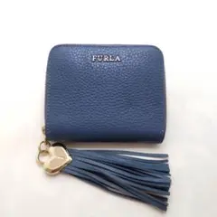 ★美品★FURLA フルラ 二つ折り財布 くすみブルー ハート フリンジ レザー