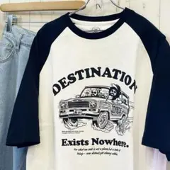 新品　アメカジクラシック　6分丈　ラグランTシャツ　 アメ車　ブラック×ホワイト