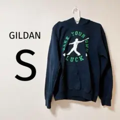 02128 GILDAN ネイビー パーカー ロゴ トップス S
