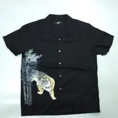 5668 美品 リネン 麻 アロハシャツ メンズ L 黒 トラ 虎