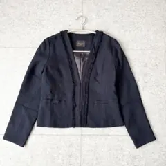 Demi-Luxe BEAMS ノーカラージャケット フリンジ付き ネイビー