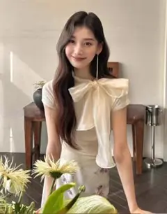 DHOLIC 同型 オーガンジー リボン ネック アイボリー
