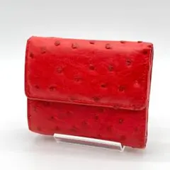 【美品】BELSA オーストリッチ 三つ折り財布 コンパクトウォレット レッド