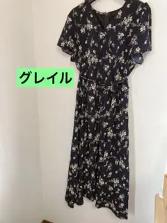 グレイル　ネイビー花柄フレアスリーブワンピース　ロングワンピース　半袖
