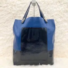 極美品⭐️バレンシアガ 金具 エナメルレザー ハンドバッグ バイカラー ブルー