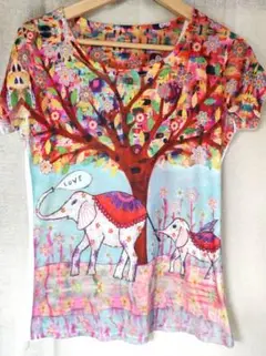 カラフルな象と木のアートTシャツ Sサイズ