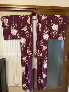 洗える着物　小豆色　桜