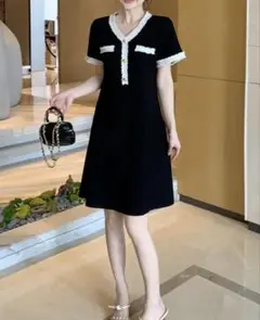 ブラック 半袖 ひざ丈ワンピース M