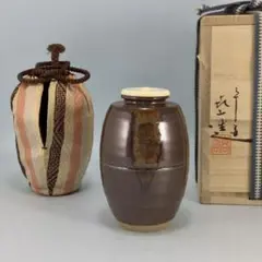茶道具　京焼　平安　万代喜山造　鶴首茶入　仕覆付　共箱　V　6942 道具 ] - 道具 京焼 平安喜山造 肩衝茶入（仕覆付）（共箱）□z