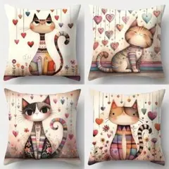 猫のイラスト クッションカバー 45cm ４枚セット