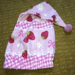 いちごピンク花柄チェック ヘア タオルキャップ