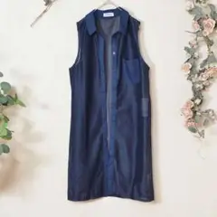 値下げ M〜L メッシュ ロングベスト ジレ ノースリーブ レディース/ネイビー