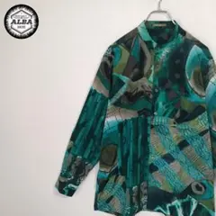 【美品】スタンドカラーシャツ　アートデザイン　レトロ　総柄　緑　グリーン　長袖
