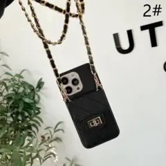 【iPhone16Pro】 キルト柄ハイブリッドレザーショルダーケースカバー 黒