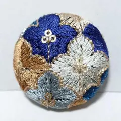 インド刺繍　№2283　青　㊳ミリ　ヘアゴム・ブローチ　くるみボタン