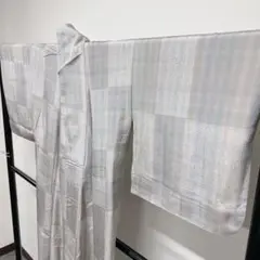 単衣 格子のぼかし染めに市松模様の紬の小紋 着物