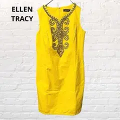 8069 ELLEN TRACY ノースリーブ膝丈ワンピース 黄色 幾何学模様