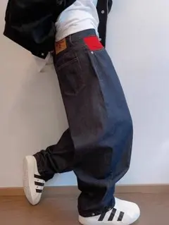 デニム ジーンズ コントラスト ワイド　デニムパンツ 切り替え 大きいサイズ