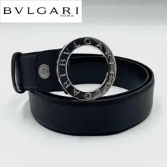 美品 BVLGARI レザー ベルト サークルロゴ 型押し シルバー金具 黒